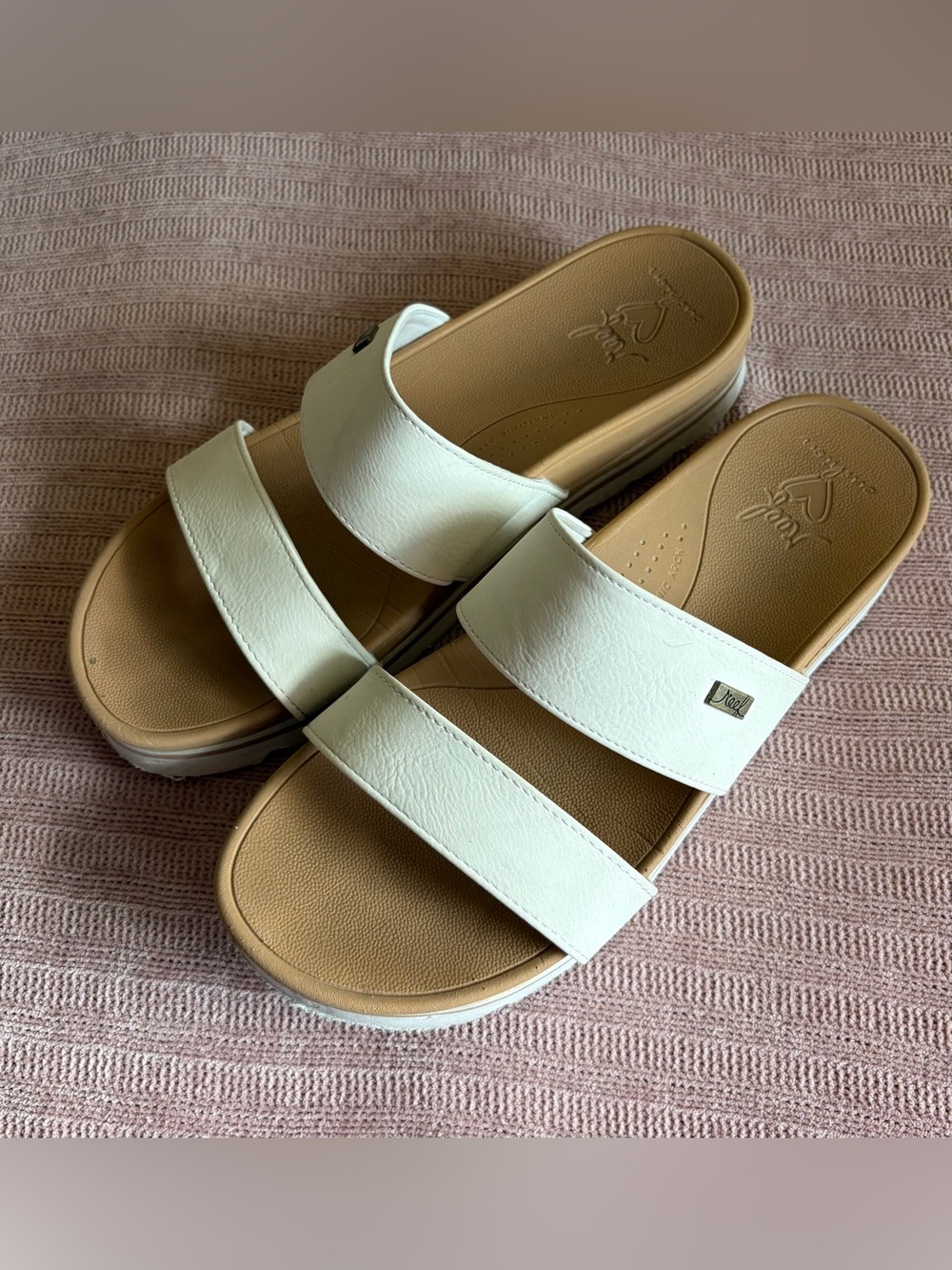 REEF Cream Double-Strap Slide Sandals with Tan Footbed Sz 9